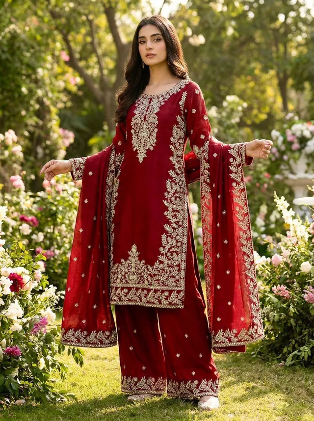 New Designer GMY Silk Top-Plazzo-Dupatta Set (Fully Stitched)