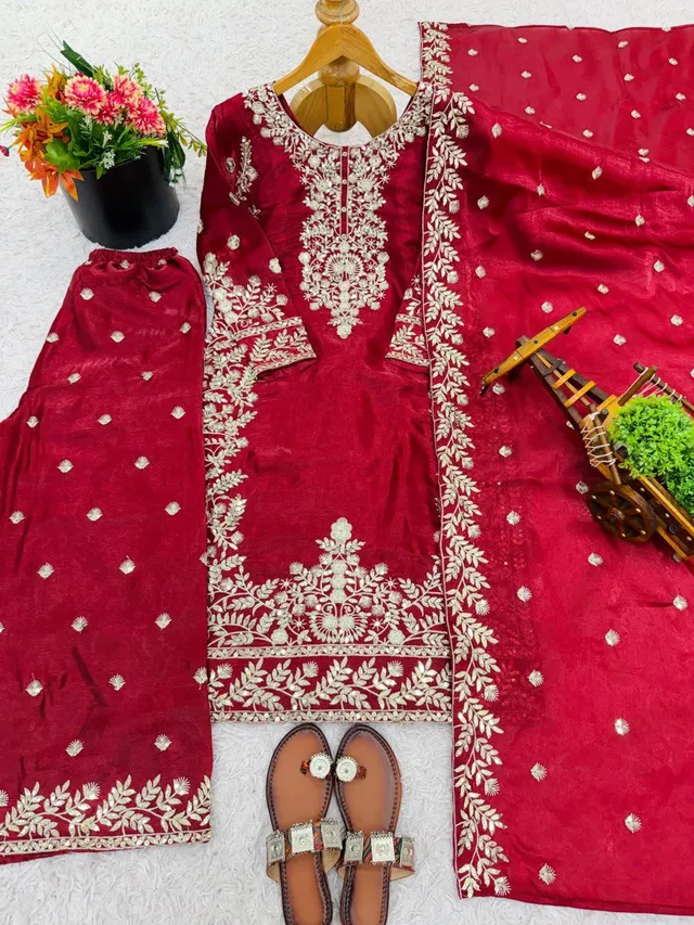 New Designer GMY Silk Top-Plazzo-Dupatta Set (Fully Stitched) - View 4
