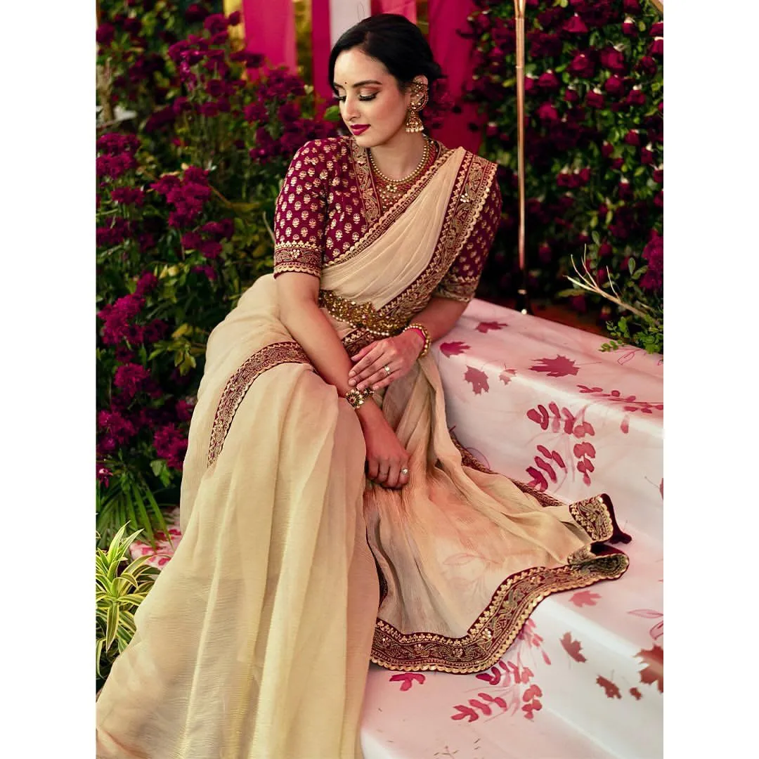 Muted Champagne Gold Designer Embroidered Saree