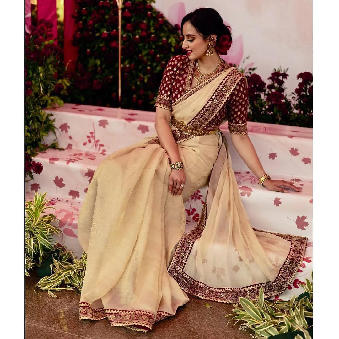 Muted Champagne Gold Designer Embroidered Saree - View 2