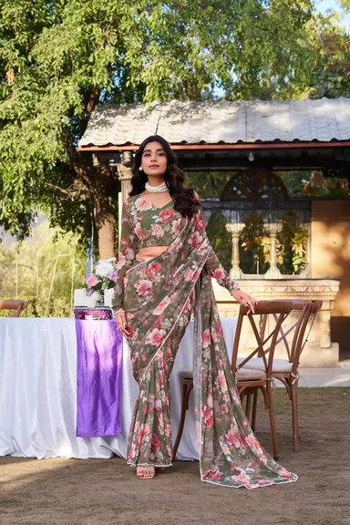 Weightless Floral Printed Georgette Saree with Pearl Lace Border - Georgette Saree Online India - Buy at ₹1050 - Image 1