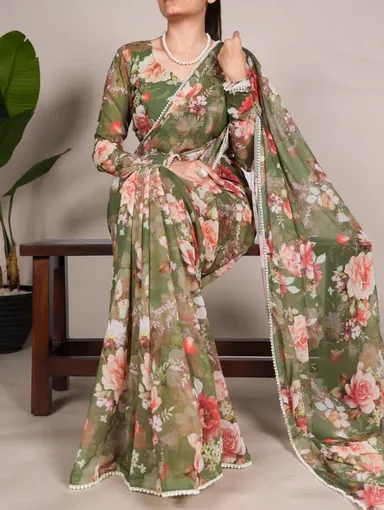 Weightless Floral Printed Georgette Saree with Pearl Lace Border - View 2