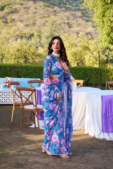 Weightless Floral Printed Georgette Saree with Pearl Lace Border - Georgette Saree Online India - Buy at ₹1050 - Image 1