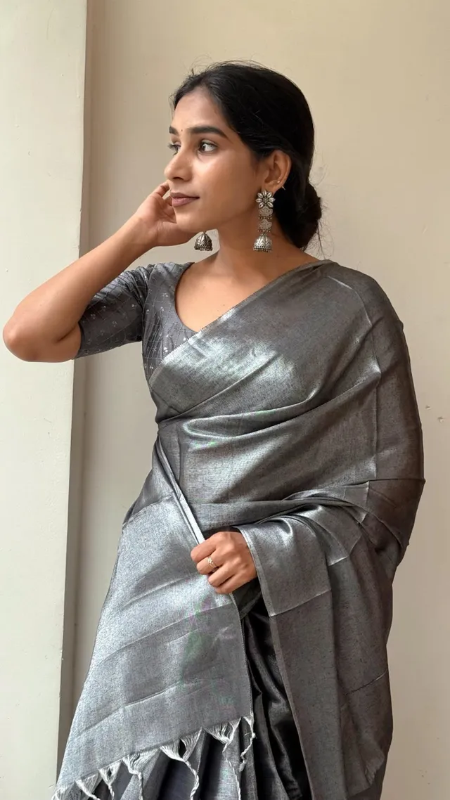 Cotton Tissue Silk Saree with Embellished Blouse - View 3