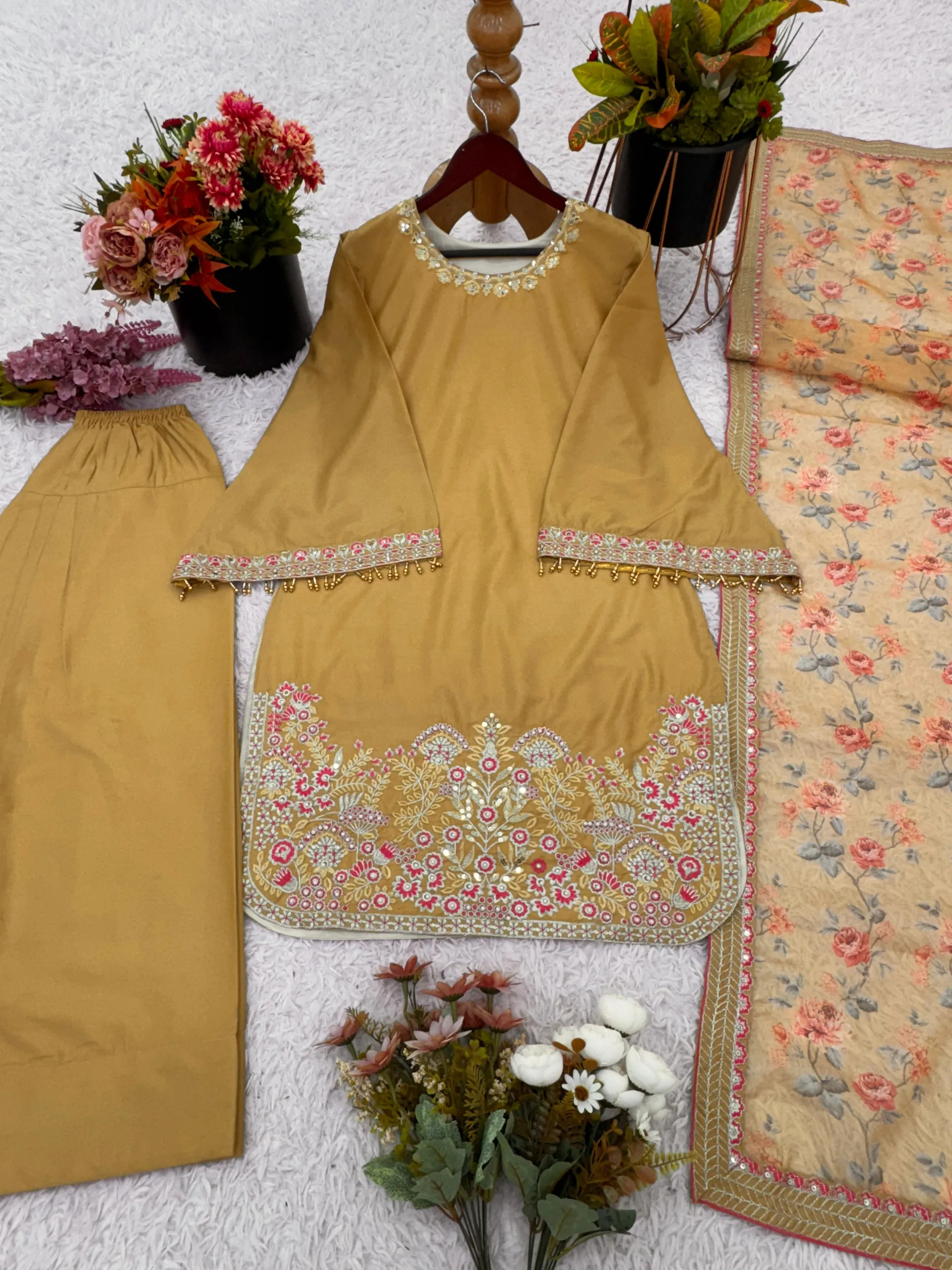 New Designer Collection – French Crepe Silk Top, Farshi Pant & Dupatta Set - View 6