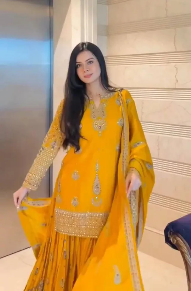 Haldi & Pooja Special Sharara Suit & Dupatta Set - View 3