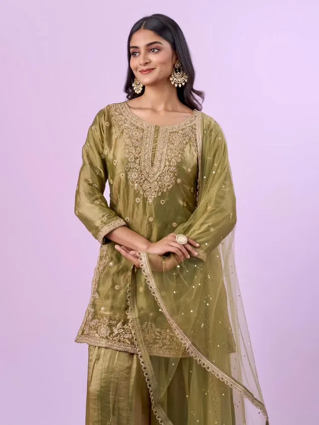 New Designer Party Top, Palazzo & Dupatta Set - View 2