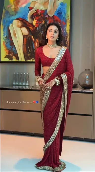 New Launch – Bollywood Blockbuster Red Mirror Work Saree - Georgette Saree Online India - Buy at ₹2050 - Image 1