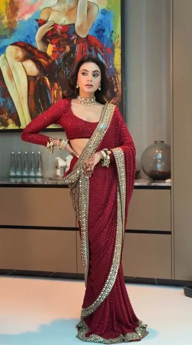 New Launch – Bollywood Blockbuster Red Mirror Work Saree - View 2
