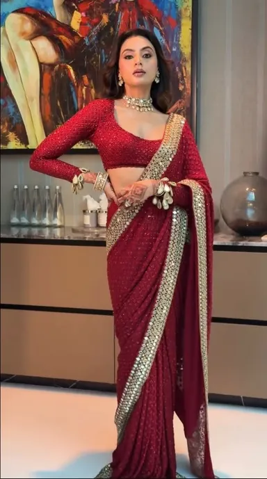 New Launch – Bollywood Blockbuster Red Mirror Work Saree - View 4