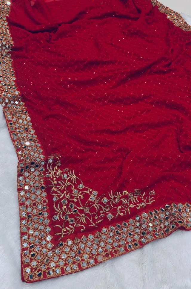 New Launch – Bollywood Blockbuster Red Mirror Work Saree - View 7