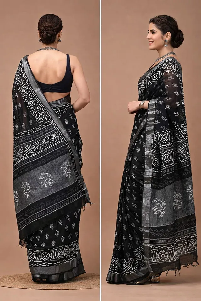 Premium Linen Saree with Digital Printed Pallu