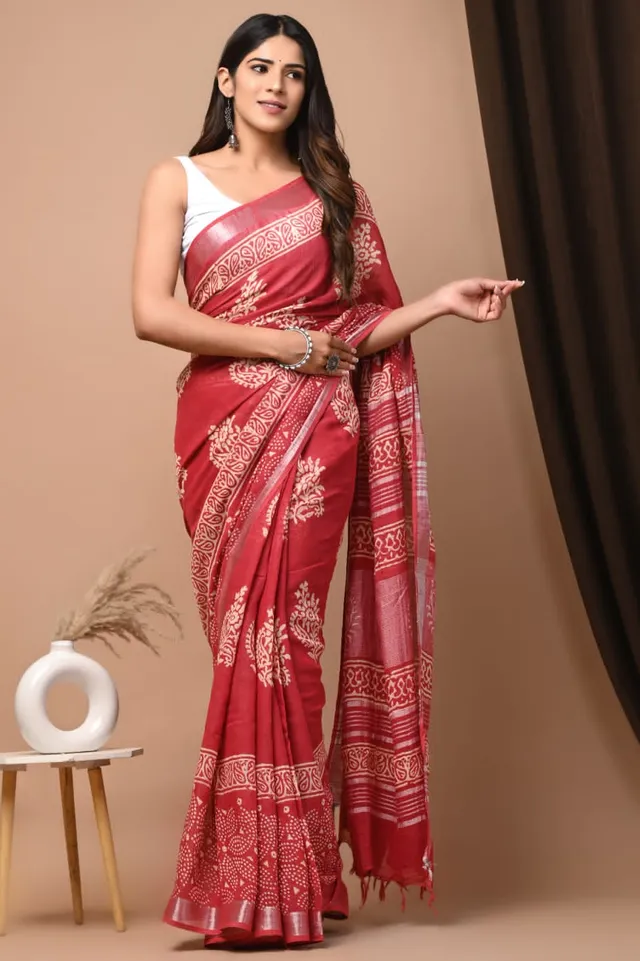 Premium Linen Saree with Digital Printed Pallu