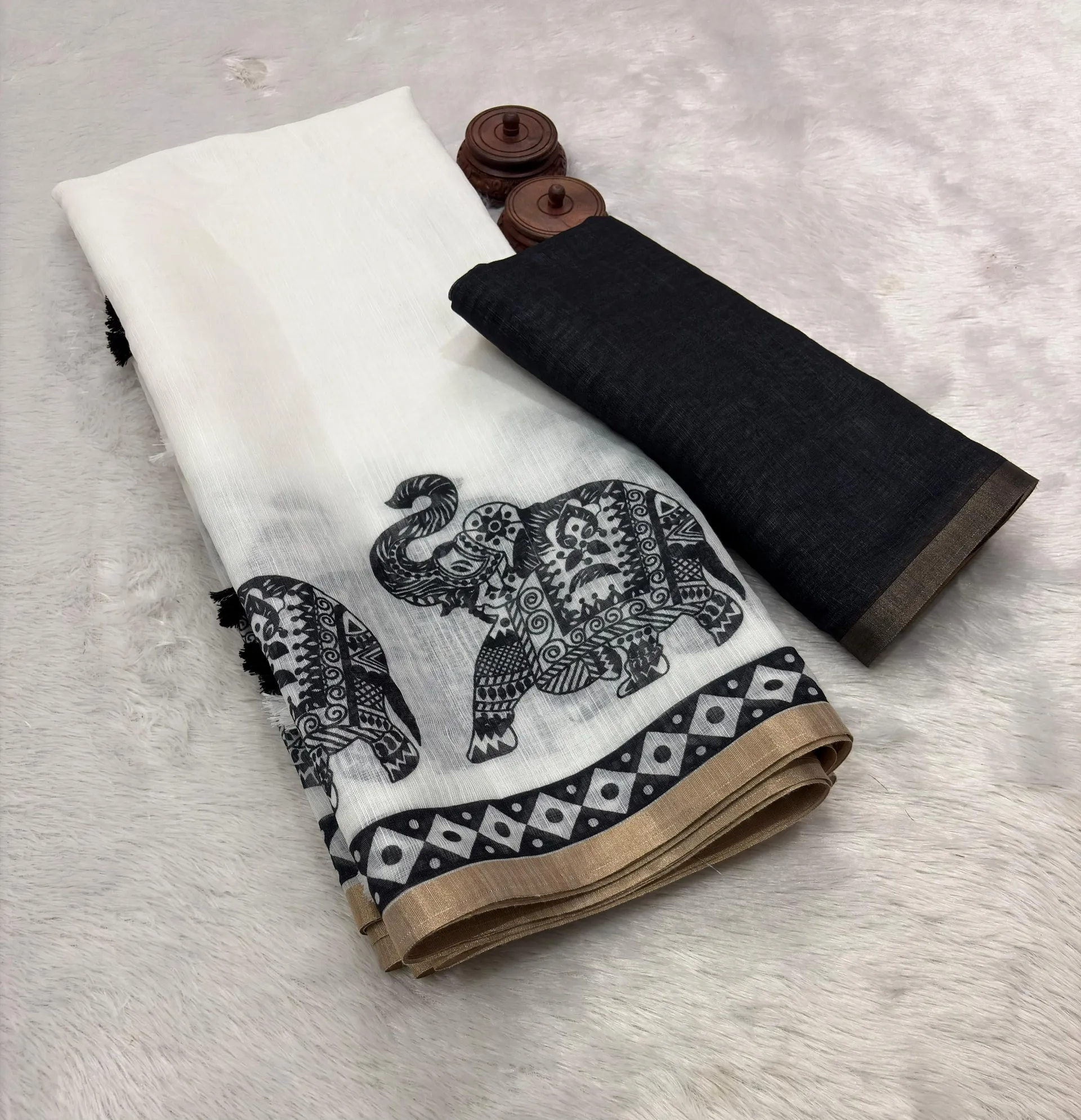 Pure Linen Cotton Saree with Digital Print & Zari Border - View 2