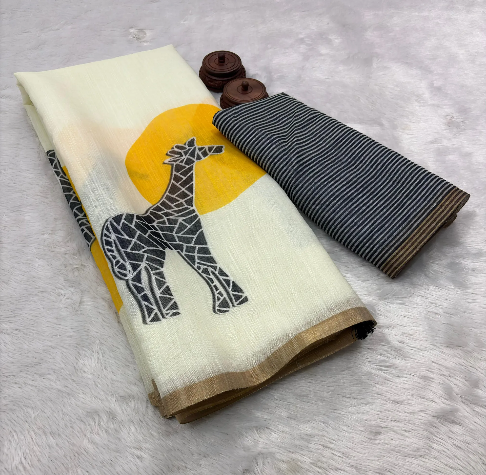 Pure Linen Cotton Saree with Digital Print & Zari Border - View 2