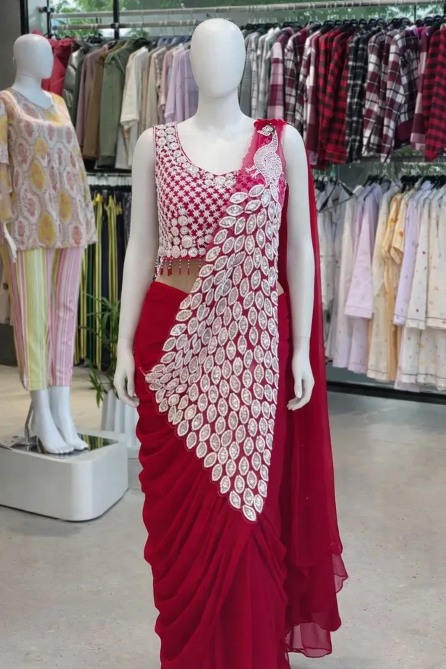 New Super Trending Embroidery Sequence Ready-to-Wear Saree - Georgette Saree Online India - Buy at ₹1499 - Image 1