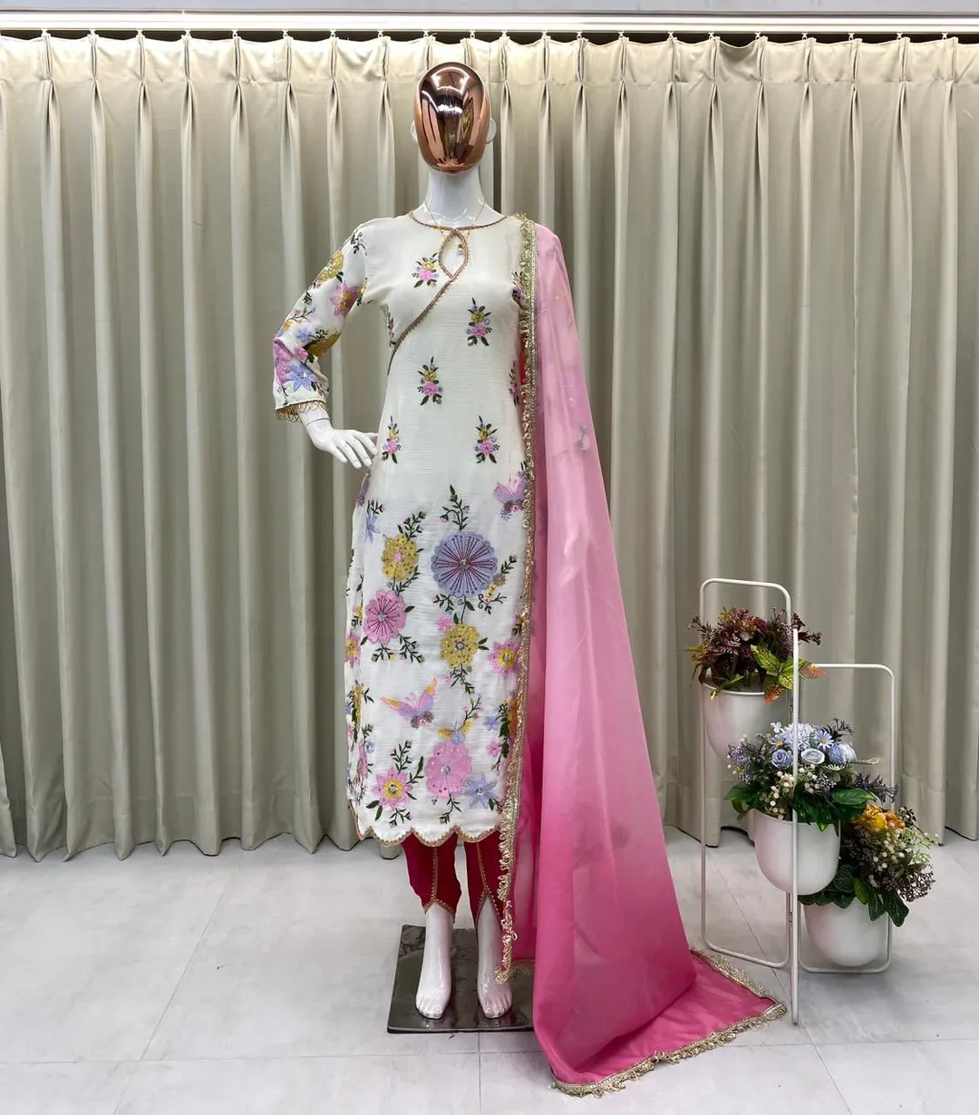 Designer Embroidered Boat Neck Top with Tulip Salwar Set - View 2