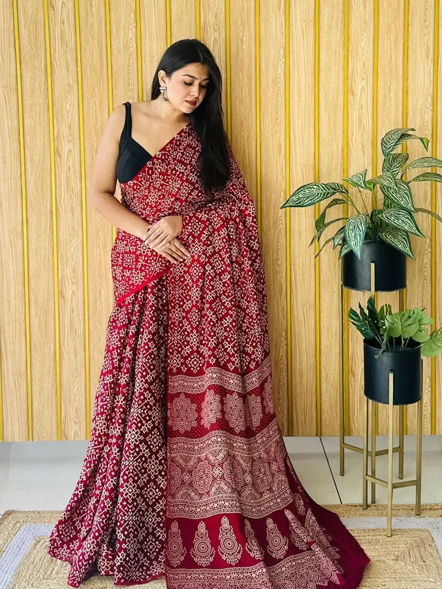 New Ajrakh Gajji Crepe Silk Saree