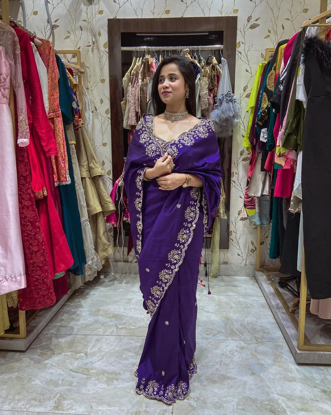 Designer Vichitra Silk Embroidered Saree