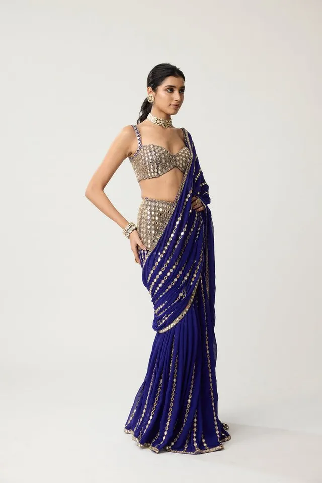 Ready-to-Wear Mirror Work Saree - Blue - Second View