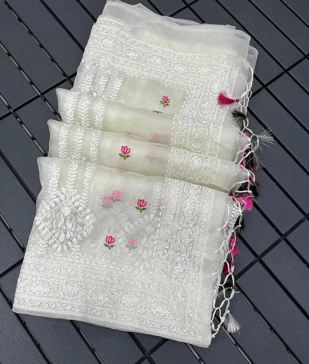 Pure Organza Silk Lucknowi Embroidered Saree
