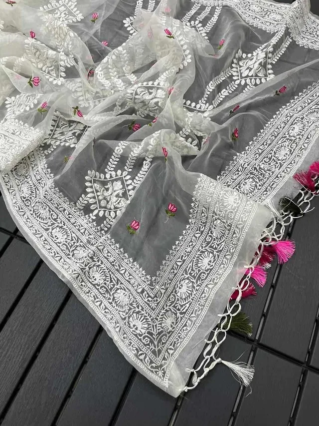 Pure Organza Silk Lucknowi Embroidered Saree - View 3