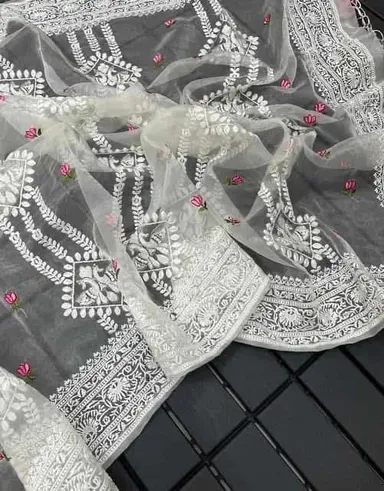 Pure Organza Silk Lucknowi Embroidered Saree - View 4