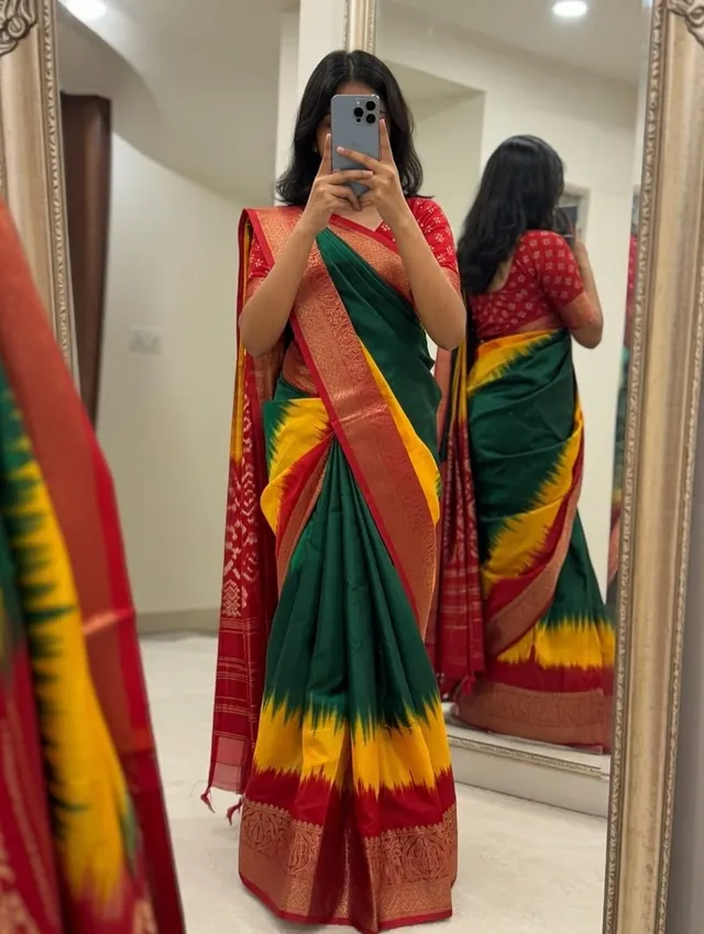 Traditional Weaving Print Pure Moss Saree - View 3