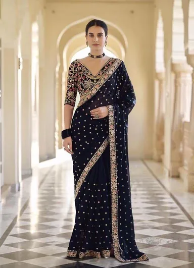 Designer Georgette Embroidered Saree – New Launch - Georgette Saree Online India - Buy at ₹1400 - Image 1