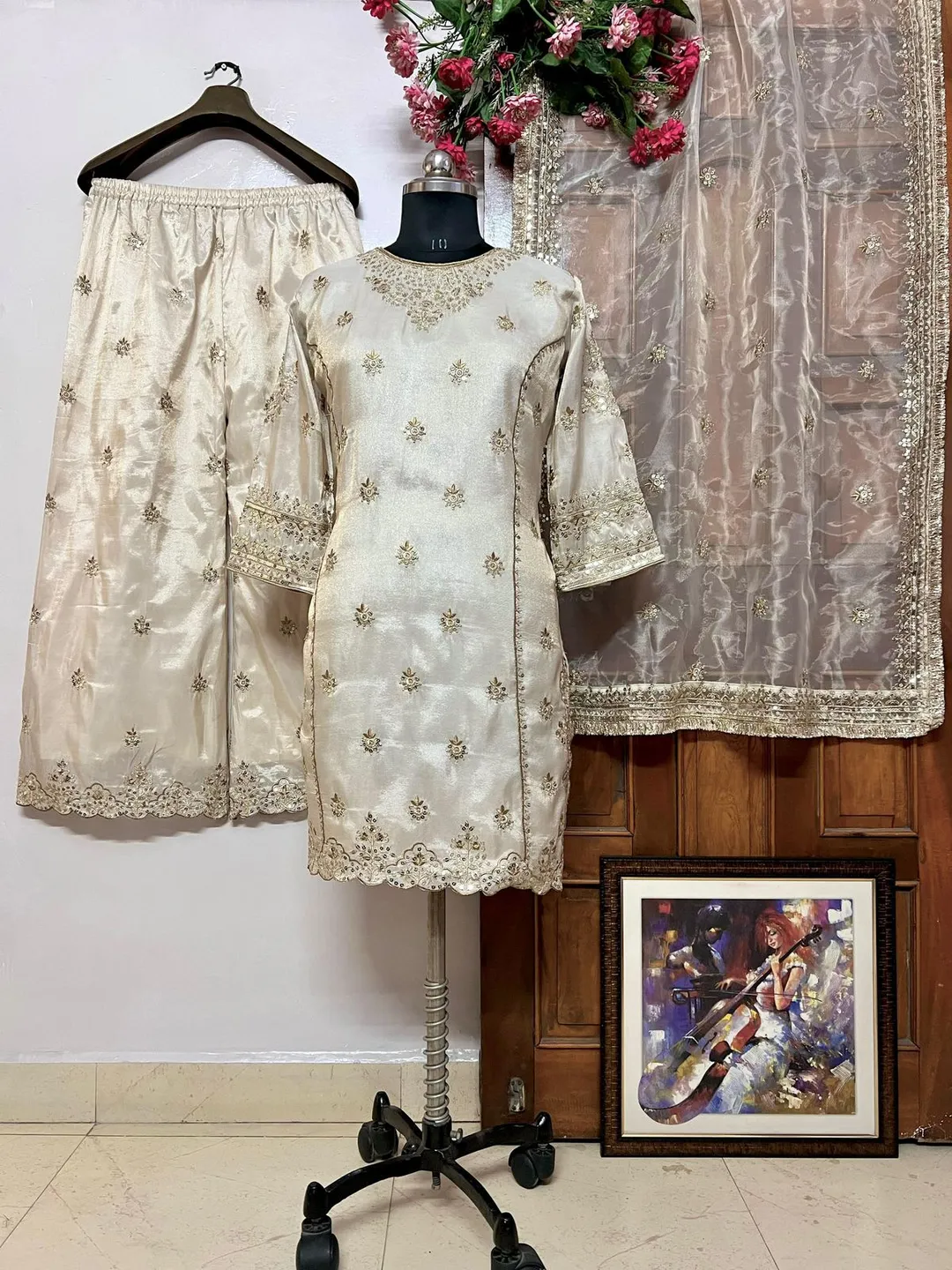 Designer Kurti Plazzo Set with Organza Silk Dupatta - View 6