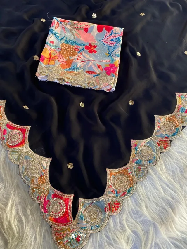 Fresh Arrival – Black Satin Georgette Saree - View 3