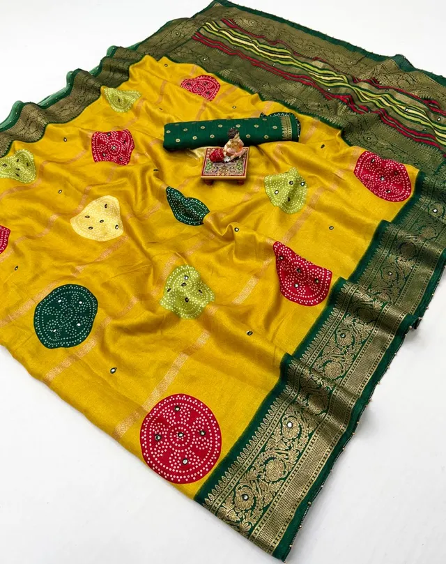 Soft Pashmina Silk Bandhani Mirror Work Saree – New Launch
