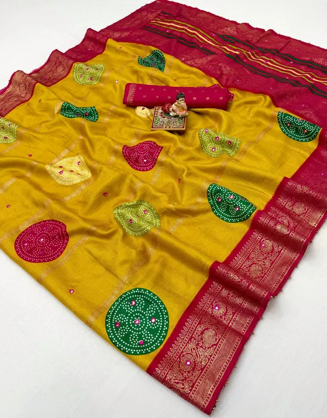 Soft Pashmina Silk Bandhani Mirror Work Saree – New Launch