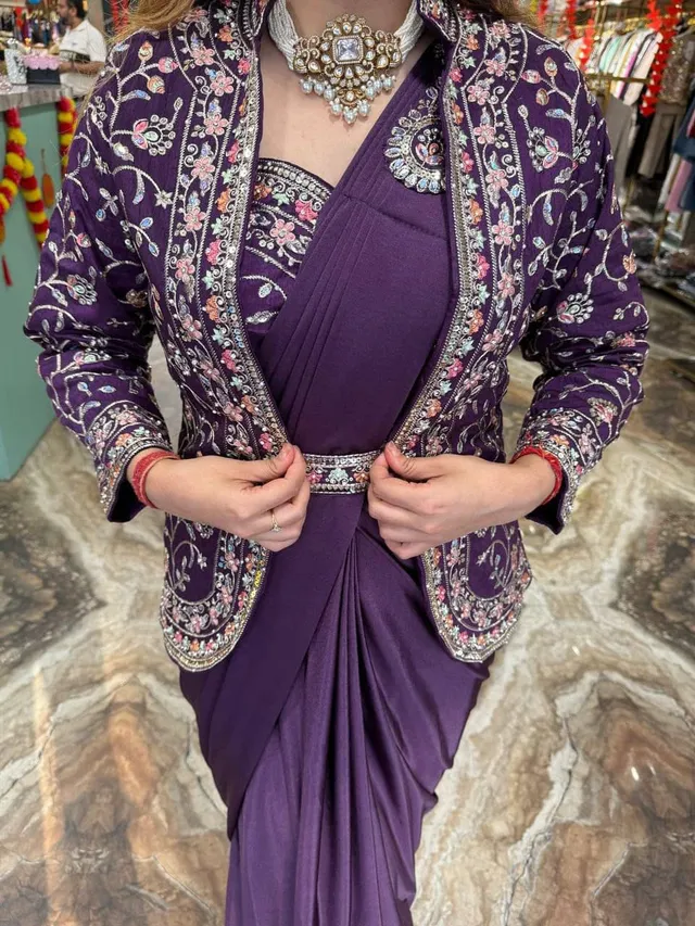 Indo-Western Ready-to-Wear Saree with Embroidered Koti - View 2