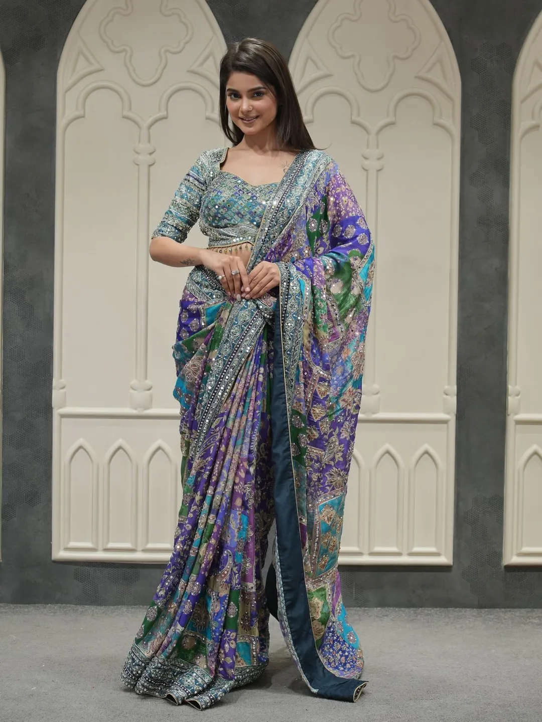 Designer Mirror Work Saree - Bollywood