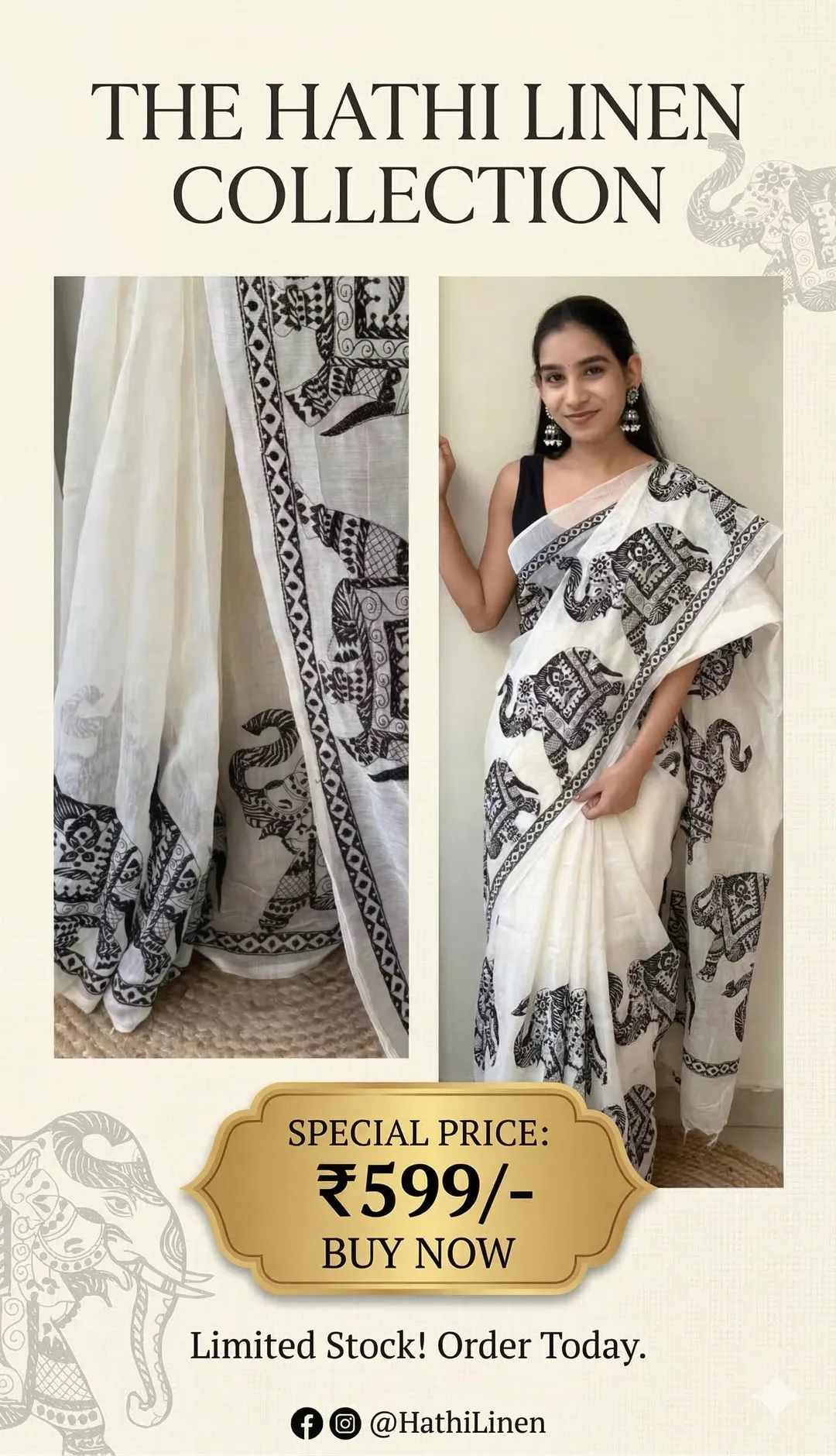 Kalamkari Elephant Print Linen Cotton Saree
