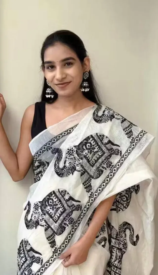 Kalamkari Elephant Print Linen Cotton Saree - Second View