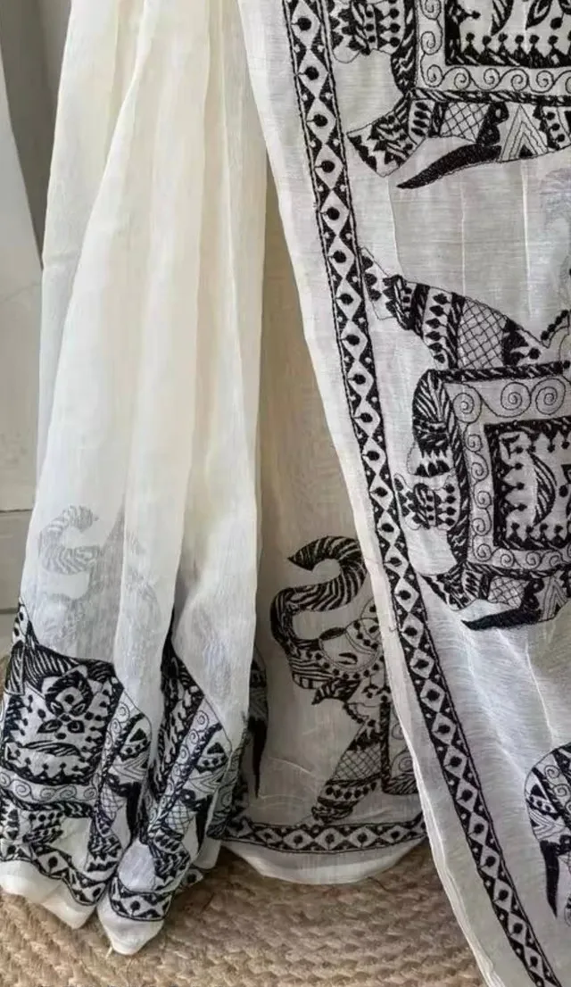Kalamkari Elephant Print Linen Cotton Saree - View 4
