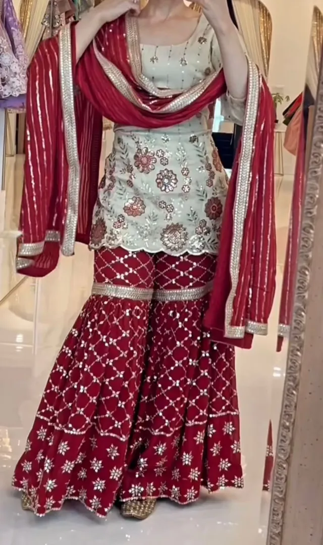 Designer Party Wear Top, Sharara Plazzo & Dupatta Set - View 2