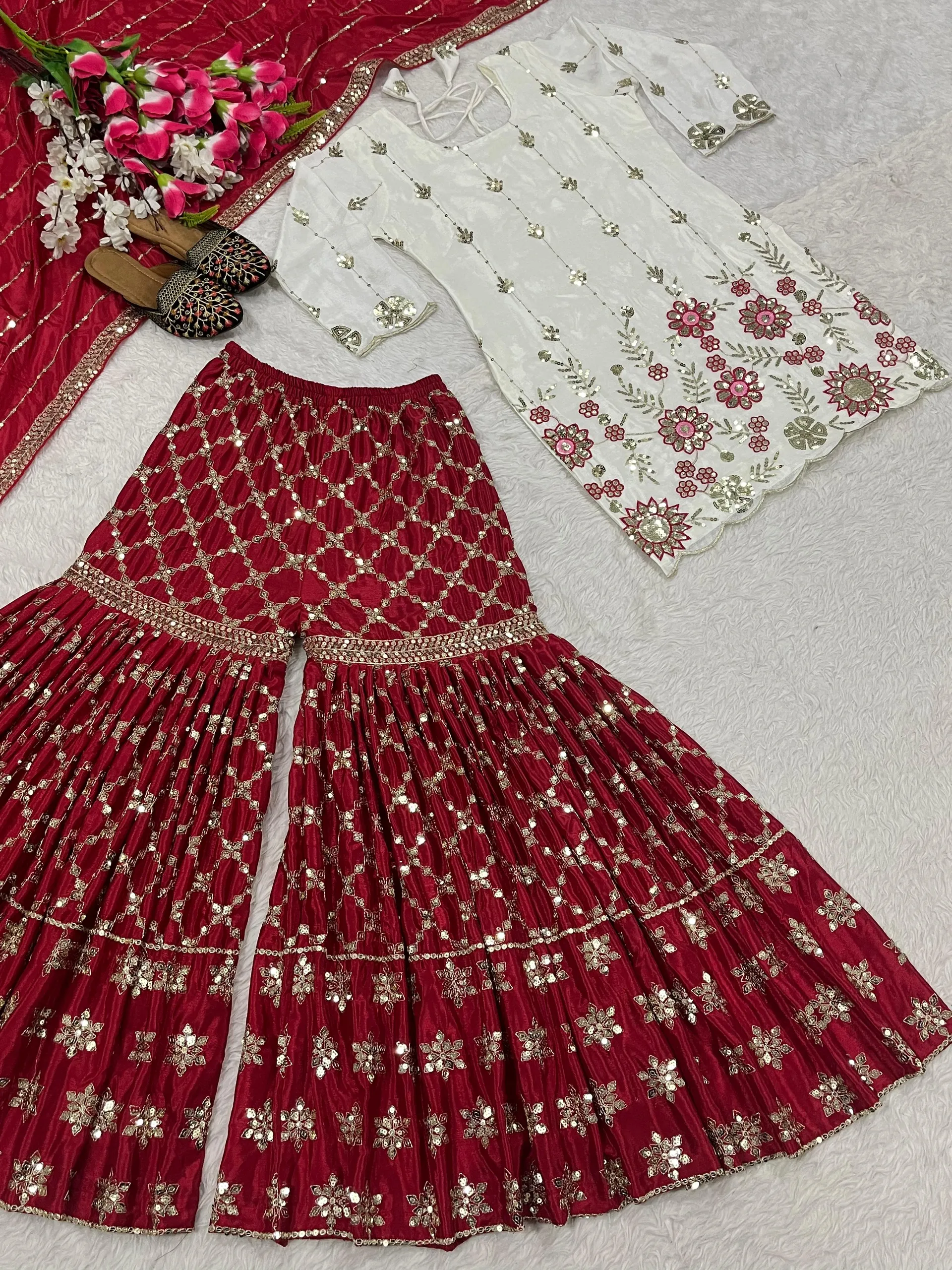 Designer Party Wear Top, Sharara Plazzo & Dupatta Set - View 5