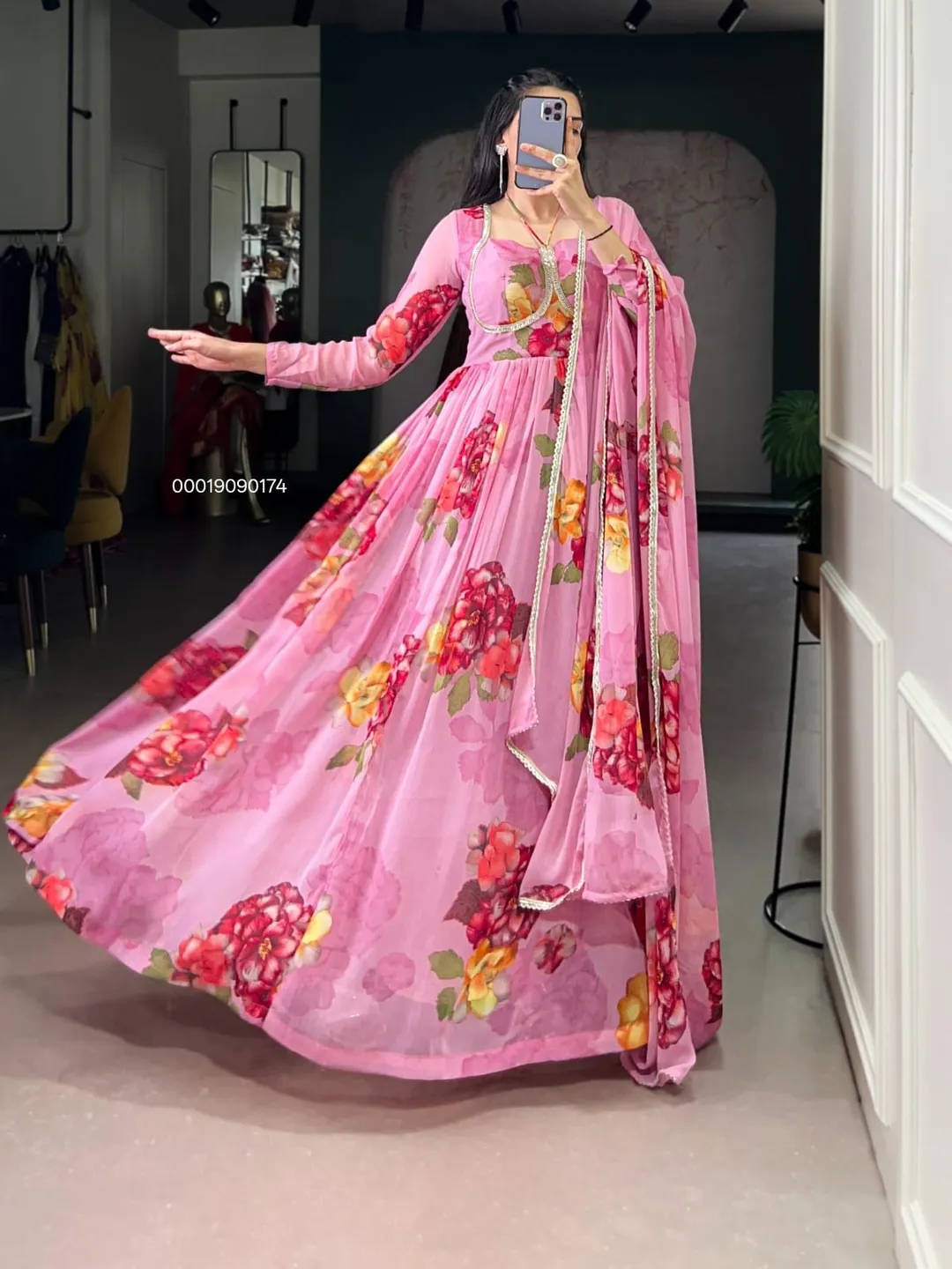 Elegant Chiffon Floral Print Gown with Dupatta – Designer Collection