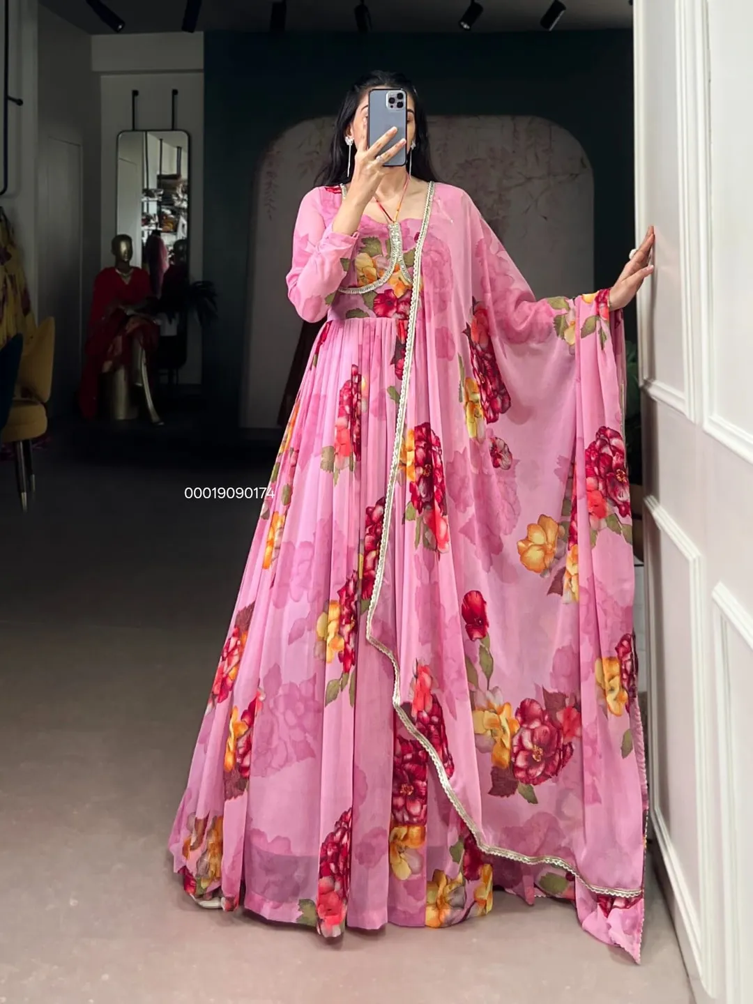 Elegant Chiffon Floral Print Gown with Dupatta – Designer Collection - View 2