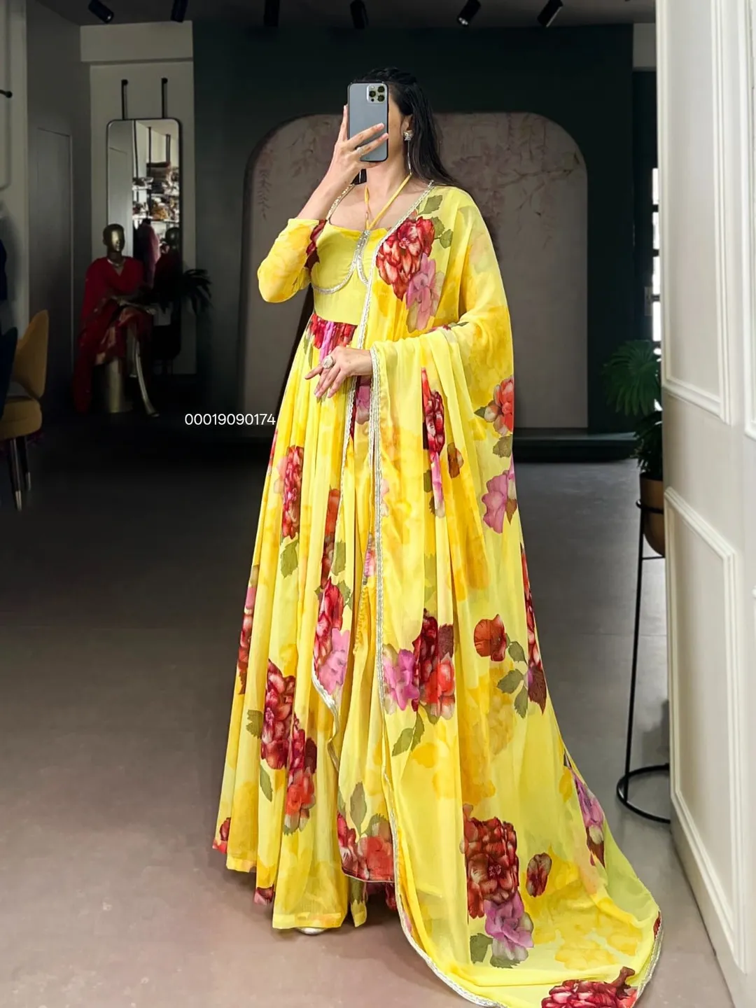 Elegant Chiffon Floral Print Gown with Dupatta – Designer Collection