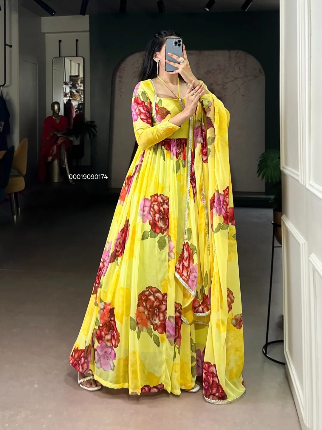 Elegant Chiffon Floral Print Gown with Dupatta – Designer Collection - View 2