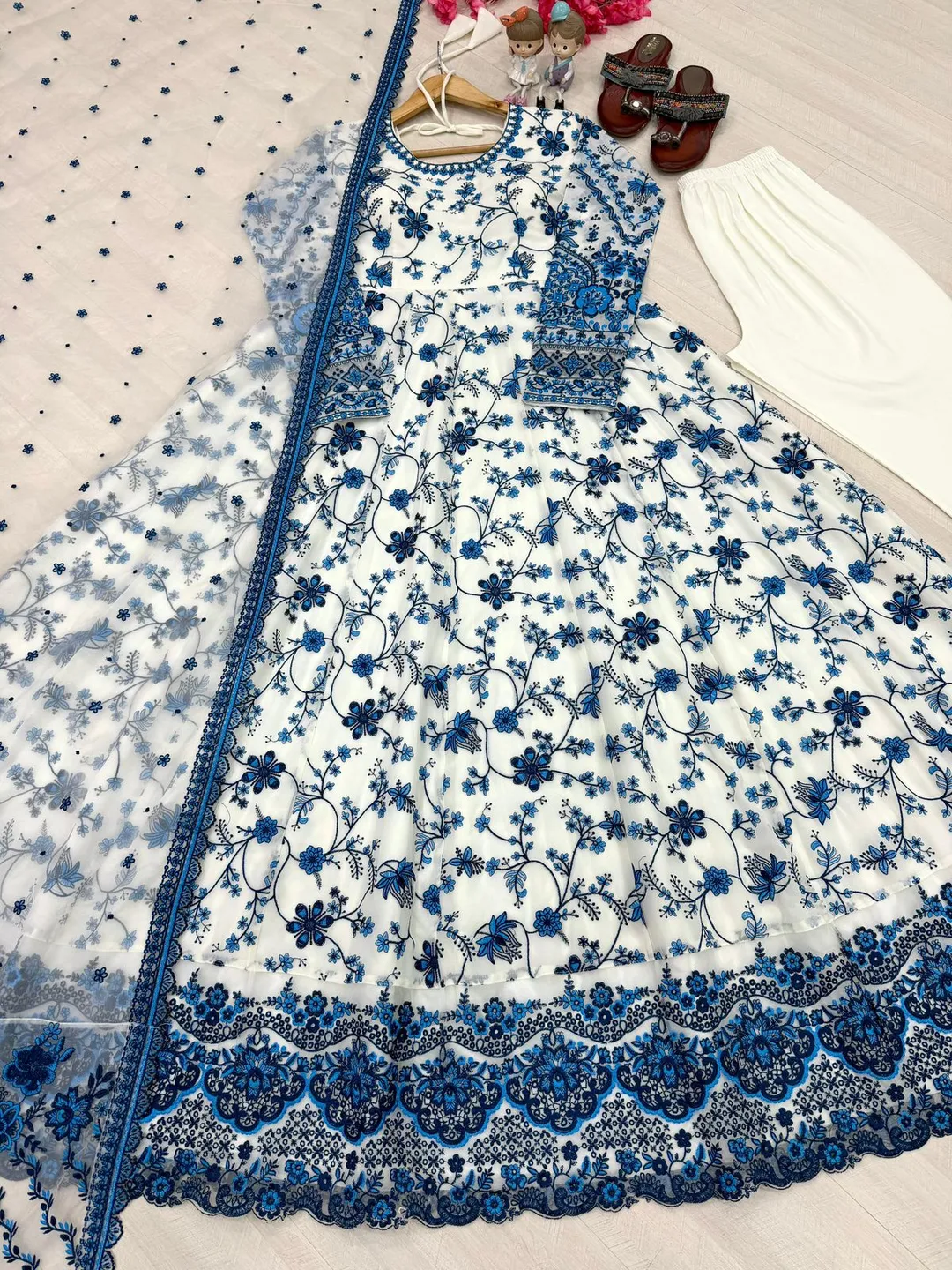 Designer Faux Georgette Embroidered Gown Set with Organza Dupatta – Party Wear Collection - View 2