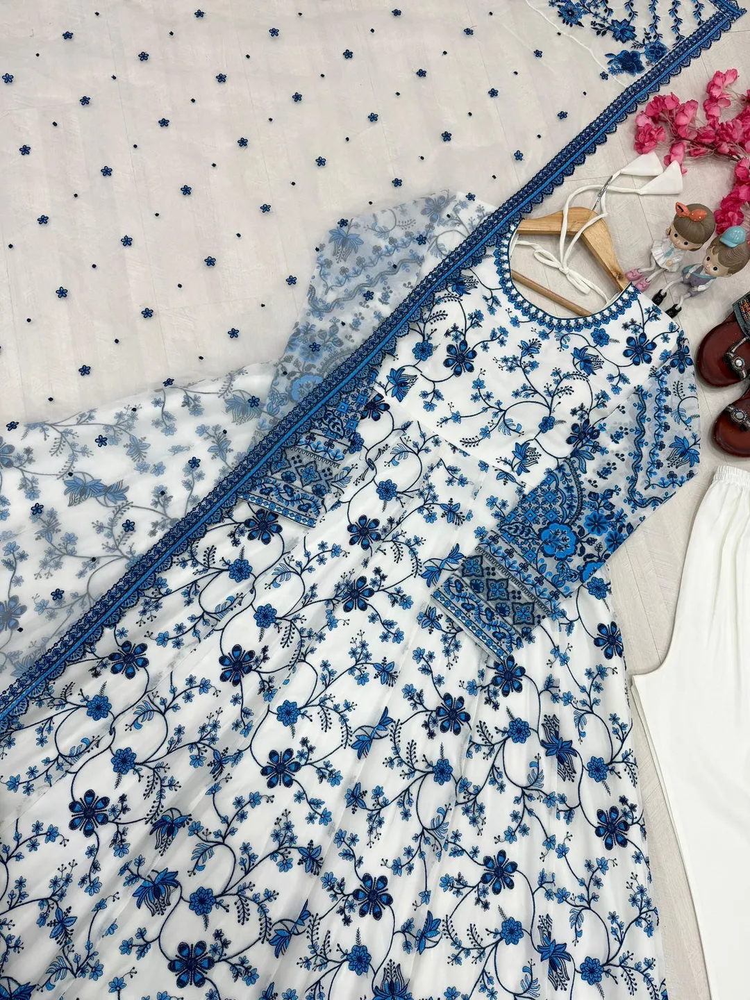 Designer Faux Georgette Embroidered Gown Set with Organza Dupatta – Party Wear Collection - View 3