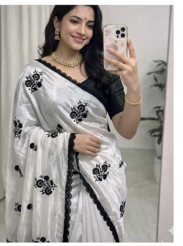 Chainon Silk Saree with Embroidery & Sequins Border – Budget Special Collection