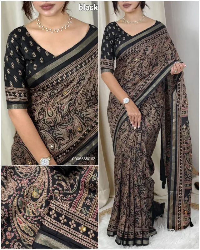 Designer Kalamkari Ajrakh Saree with Mirror Work – Pure Mul Cotton Collection