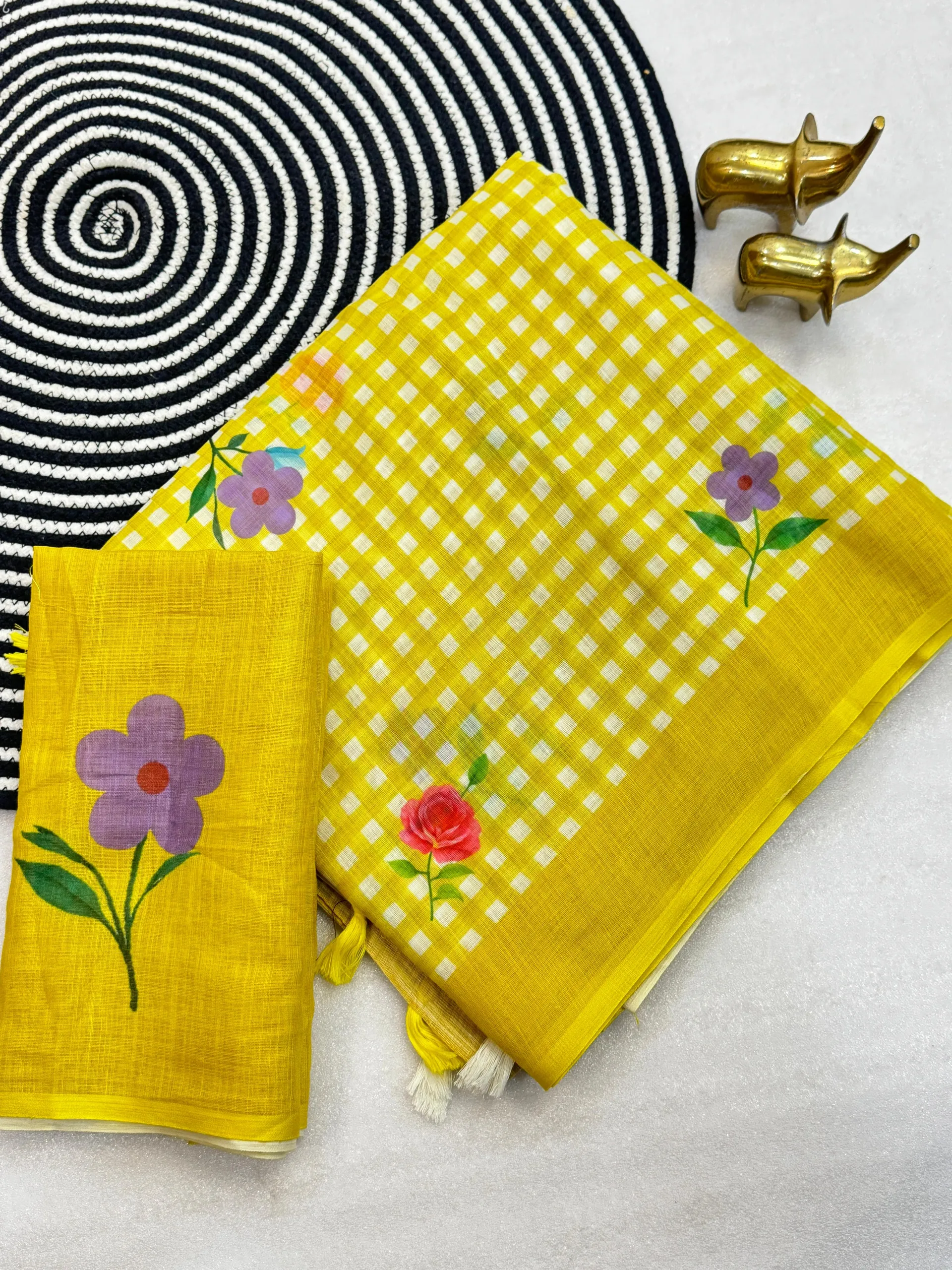 FLOWER – Soft Linen Cotton Saree with Checks & Floral Print - View 2