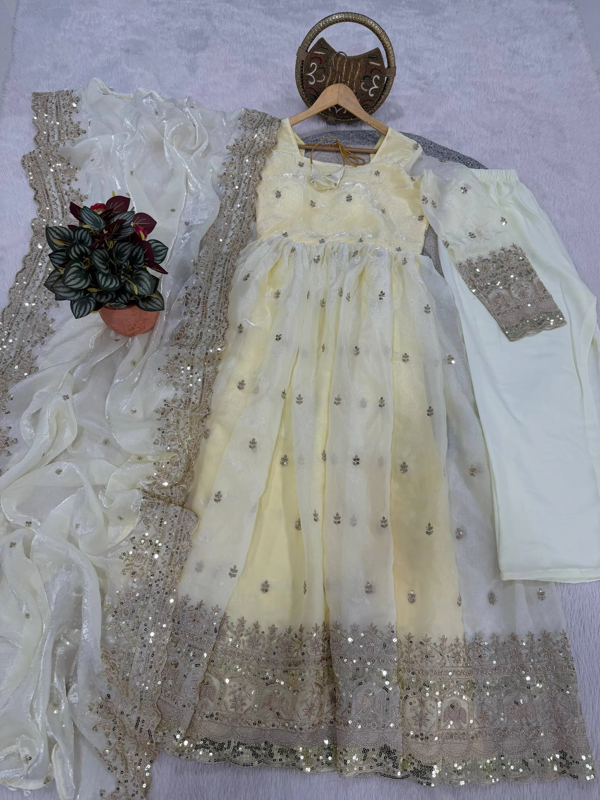 Designer Fendi Satin Gown Set with Sequins Work – 3 Piece Collection - View 4